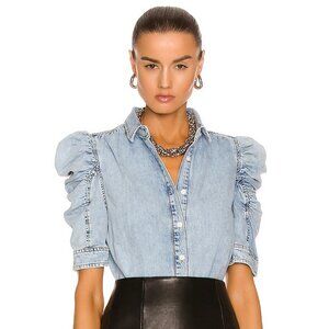 FRAME Ruched Puff Sleeve Denim Gillian Top Cresthaven Button Up Women's Size L